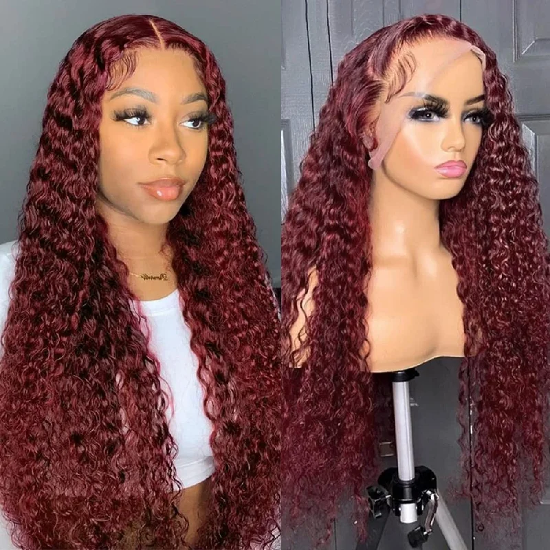 Colored wig with a purple - violet shade for a regal and elegant look99J Burgundy Colored 13x4 HD Lace Front Wigs Deep Wave Human Hair Wig