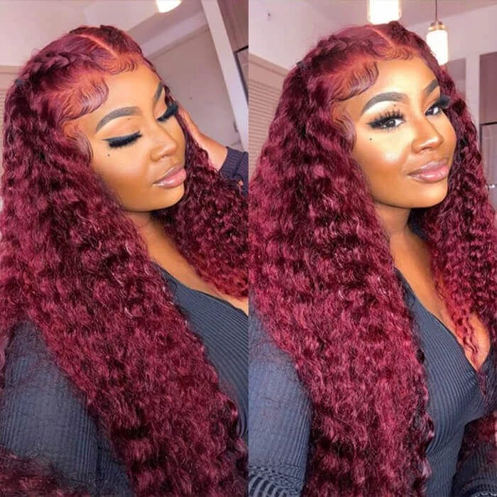 Colored wig with a side - part for a more flattering appearanceBurgundy 99J Curly Human Hair Wigs HD Lace Front Wigs Pre Plucked