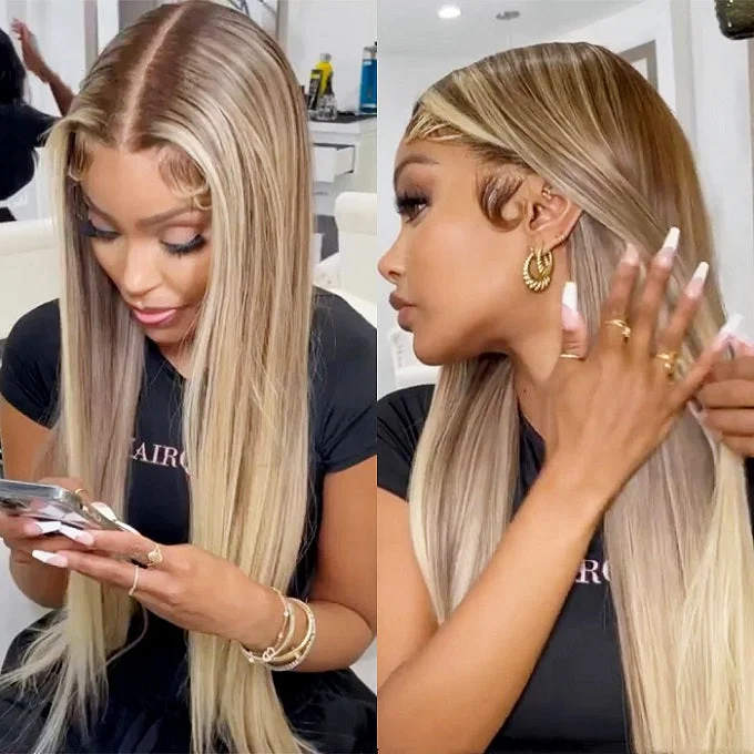 Colored wig with a side - swept bang for a sophisticated lookAngie Queen 13X4 HD Lace Front Wig#P18/613 Blonde Highlight Straight Human Hair Wigs