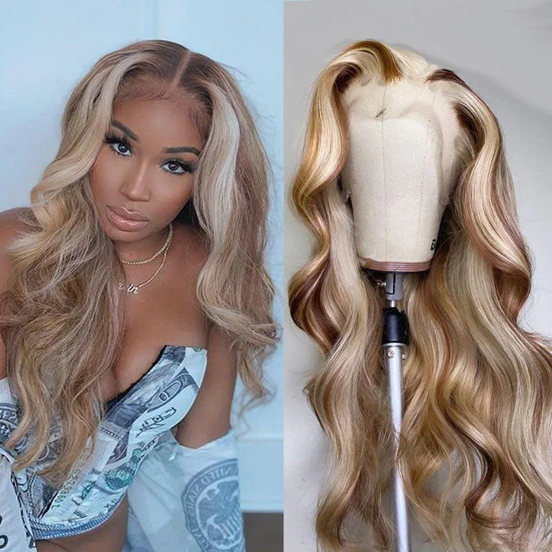 Colored wig with a 150 - density for a full and thick appearanceAngie Queen Brown Wig With Blonde Highlights #P4/613 Body Wave Lace Front Wigs Human Hair