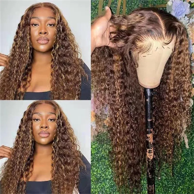 Colored wig with a wispy fringe for a soft and feminine lookAngieQueen 13X4 Lace Front Wig P4/27 Ombre Highlight Deep Wave Lace Front Wigs