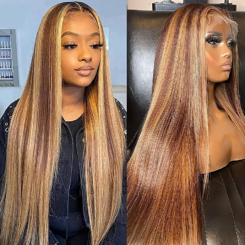 Colored wig with a pre - plucked hairline for a more natural lookAngieQueen 13X4 HD Lace Front Wig P4/27 Ombre Straight Highlight Human Hair Wigs For Women