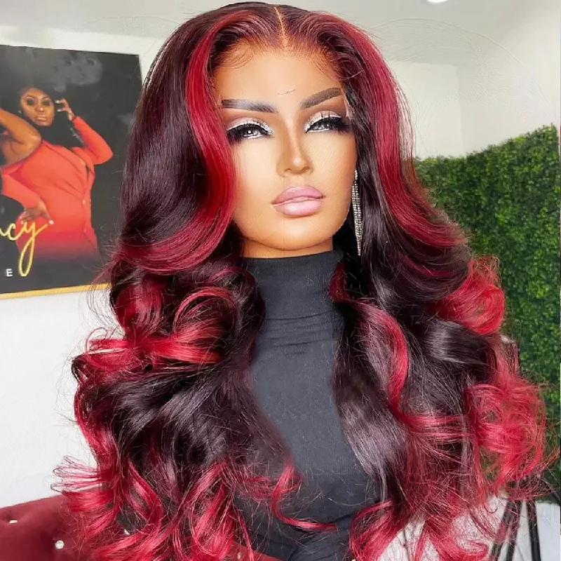 Colored wig with a wavy texture for a beachy and fun lookAngieQueen 13x4 Lace Frontal Wig 99J Colored With Rose Red Highlight Straight / Loose Wave Wig 180% Density