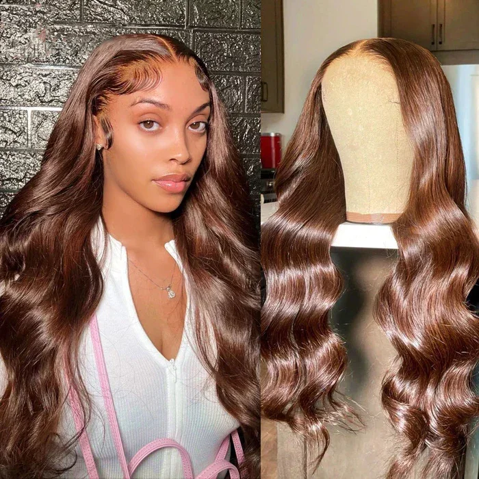 Colored wig with a side - part for a more flattering appearanceAngieQueen #4 Lace Front Wigs Straight And Body Wave Dark Brown Color Lace Front Wigs 180% Density