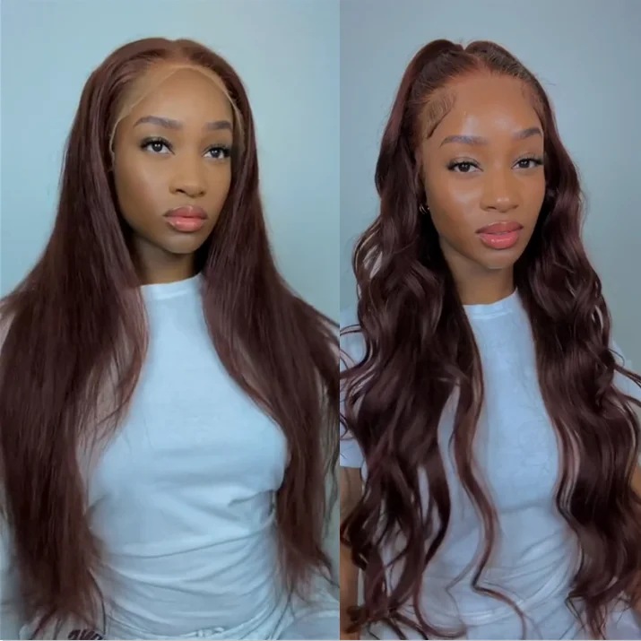 Colored wig with a pre - bleached knot for a natural - looking scalpAngieQueen Dark Red Brown Human Hair Lace Front Wig 180% Density