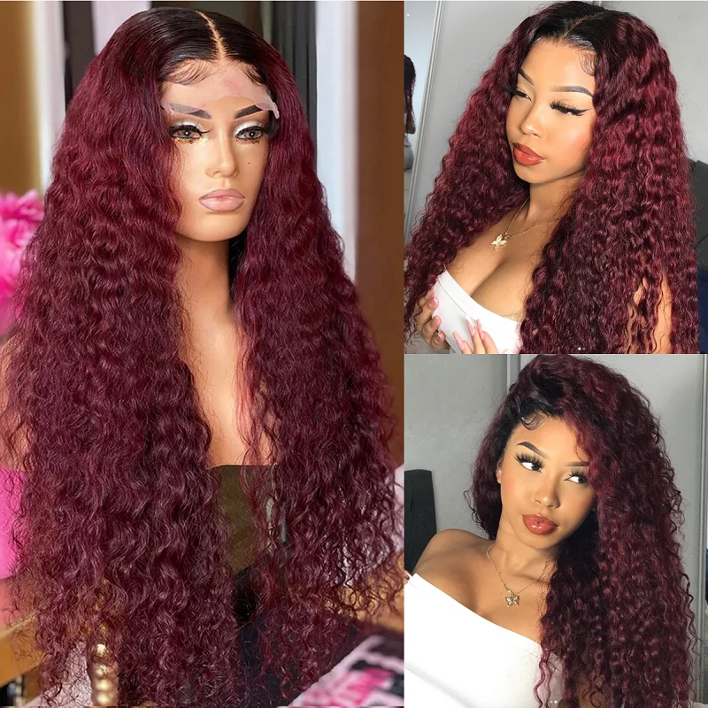 Colored wig with a blue - green ombre effect for a unique and trendy appearanceAngieQueen Deep Wave Burgundy Colored HD Lace Front Wigs 180% Density