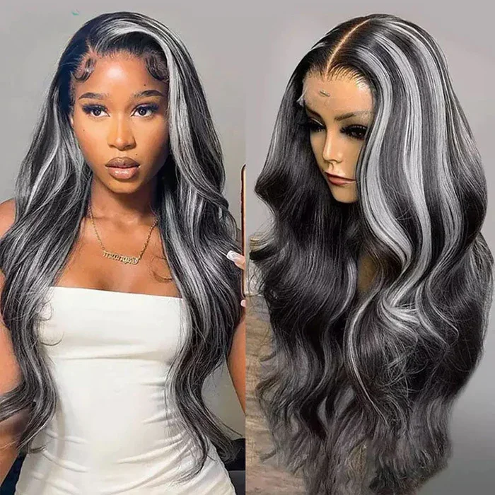 Colored wig with a straight texture for a sleek and minimalist lookAngieQueen Grey Highlight Wig Human Hair 13x4 Silky Straight HD Lace Front Wig 180% Density