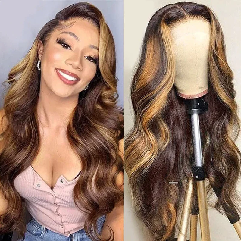 Colored wig with a 150 - density for a full and thick appearanceAngieQueen Highlight 4/27 Ombre Body Wave 13x4 Lace Front Wigs High Density Wig