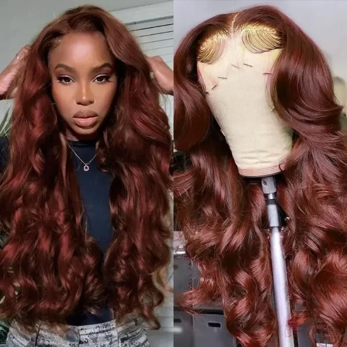 Colored wig with a red - orange hue for a warm and energetic lookAngieQueen Reddish Brown Body Wave Human Hair Lace Front Wig 180% Density