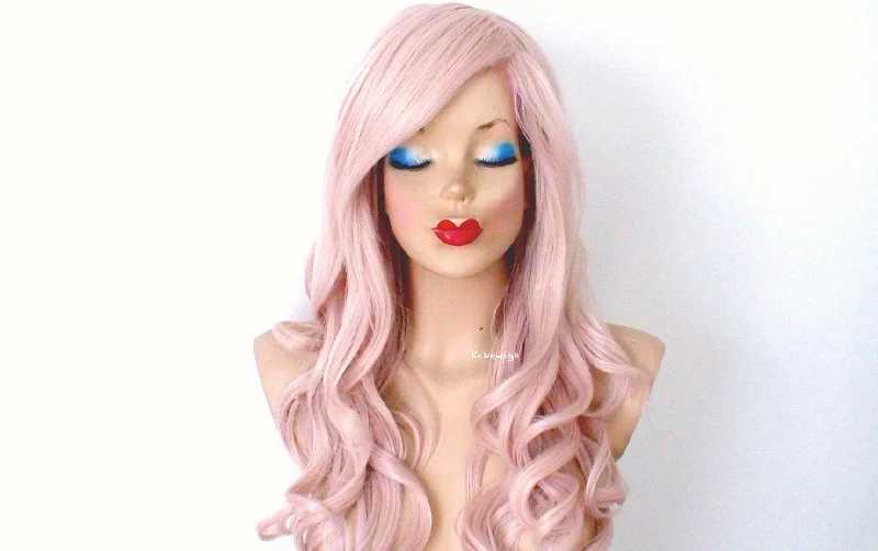 Colored wig with a straight texture for a sleek and minimalist look26" Antique Pink Long Curly Hair Side Bangs Wig