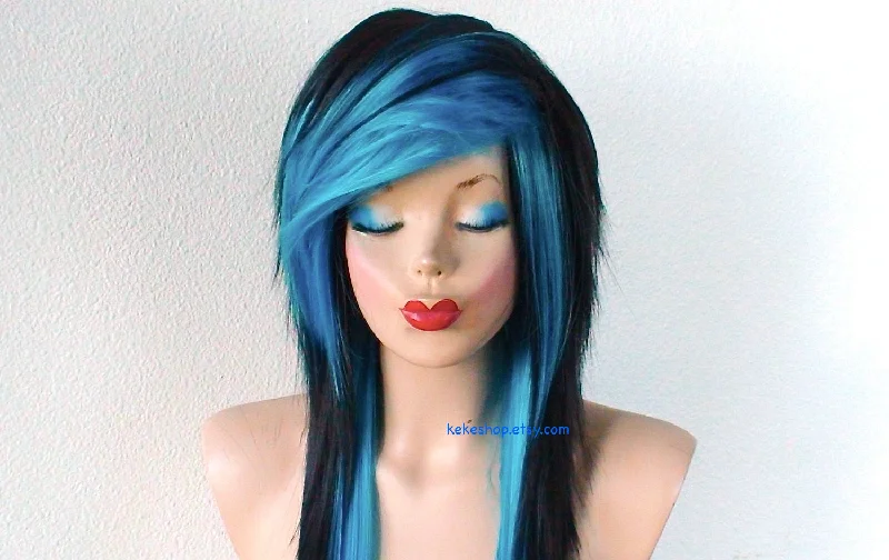 Colored wig with a purple - violet shade for a regal and elegant look28" Black Turquoise Ombre Long Straight Hair Long Side Bangs Wig. Emo Wig. Scene Wig.