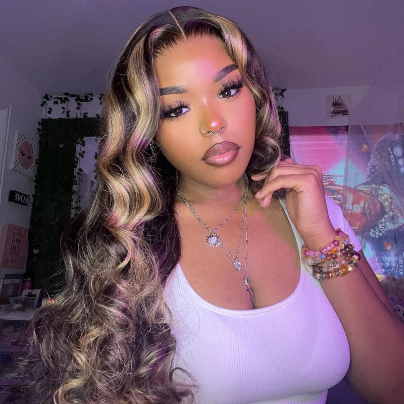 Colored wig with a curly texture for a bold and stylish choiceBalayage Body Wave Wig Transparent Lace Front Wigs Black With Honey Blonde Wig