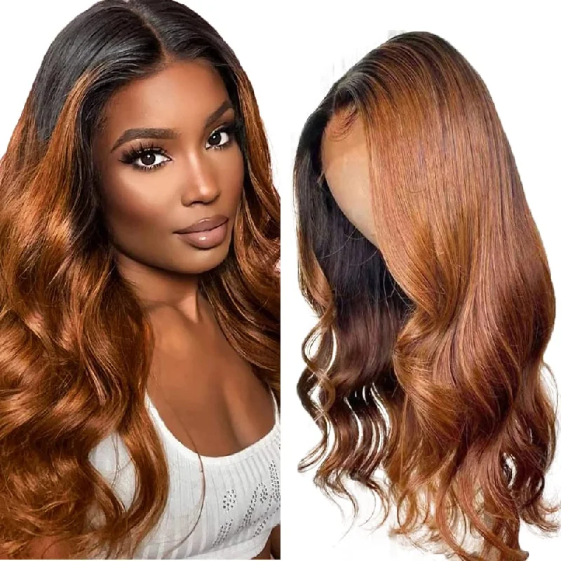 Adjustable - cap colored wig for a comfortable fitBlack With Light Brown Ombre Color Body Wave Virgin Wig Transparent Lace Wig Human Hair Wig