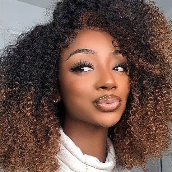 Colored wig with a silk - base cap for a comfortable and smooth feelOmbre Color Curly Wig Lace Closure Wig Black With Medium Brown Human Hair Wig