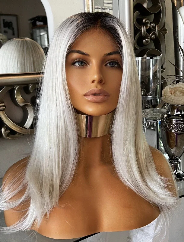 Colored wig with a straight texture for a sleek and minimalist lookDark root silver/grey mix lace front wig