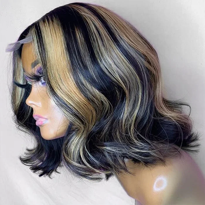 Colored wig with a straight texture for a sleek and minimalist lookBlonde Highlight Body Wave Bob Wig Mix Color 1B/27# Lace Front Wig Human Hair 180% Density