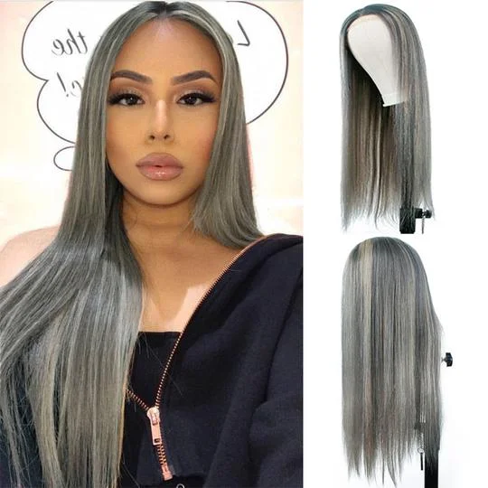 Colored wig with a straight texture for a sleek and minimalist lookBlonde Highlight with Grey In Piano Color Glueless Closure Straight Wig 180% Brazilian Human Hair