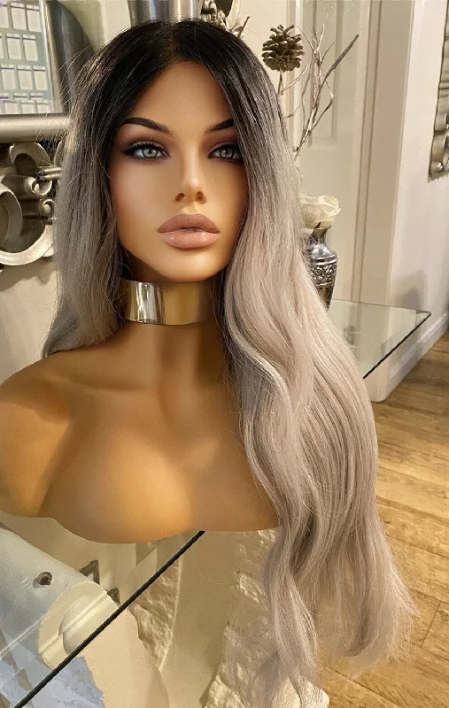 Colored wig with a blue - green ombre effect for a unique and trendy appearanceScherzy Dark Root rose Grey