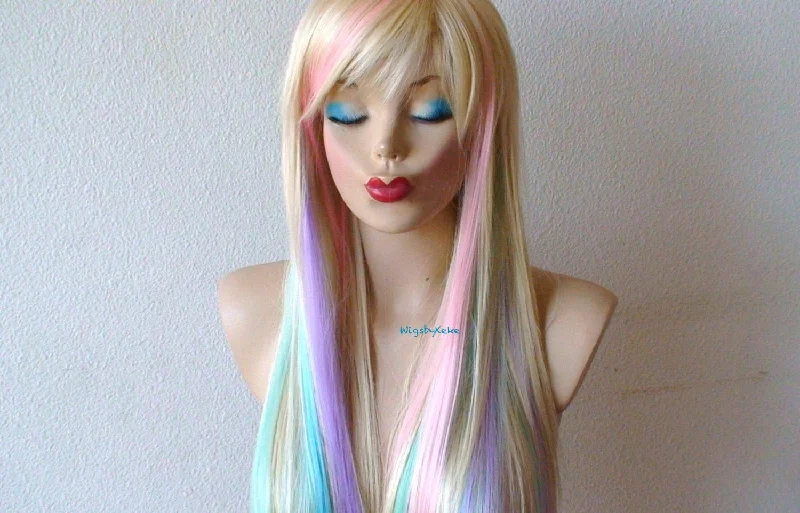 Synthetic colored wig with a heat - resistant formula for easy styling28" Blonde Pastel Color Ombre Long Straight Layered Hair with Bangs Wig