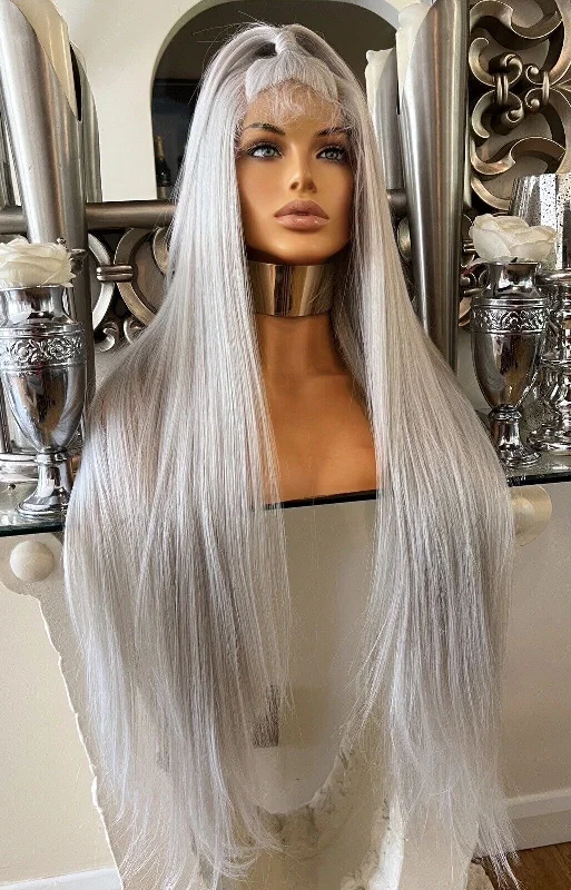 Colored wig with a natural - looking root for a more realistic lookHalf Up, Half Down Silver grey