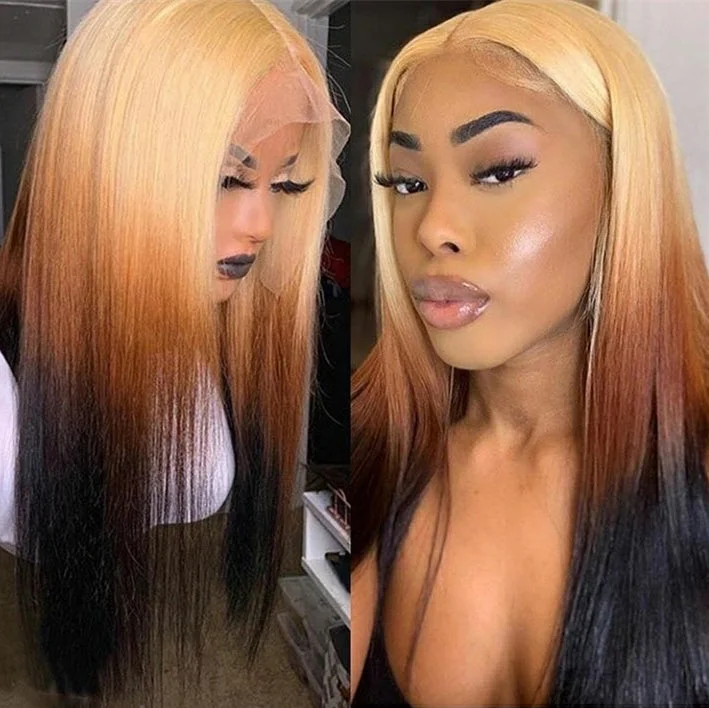 Colored wig with a wavy texture for a beachy and fun lookLace Frontal Human Hair Wig Straight 3T Colorful 613 Hair