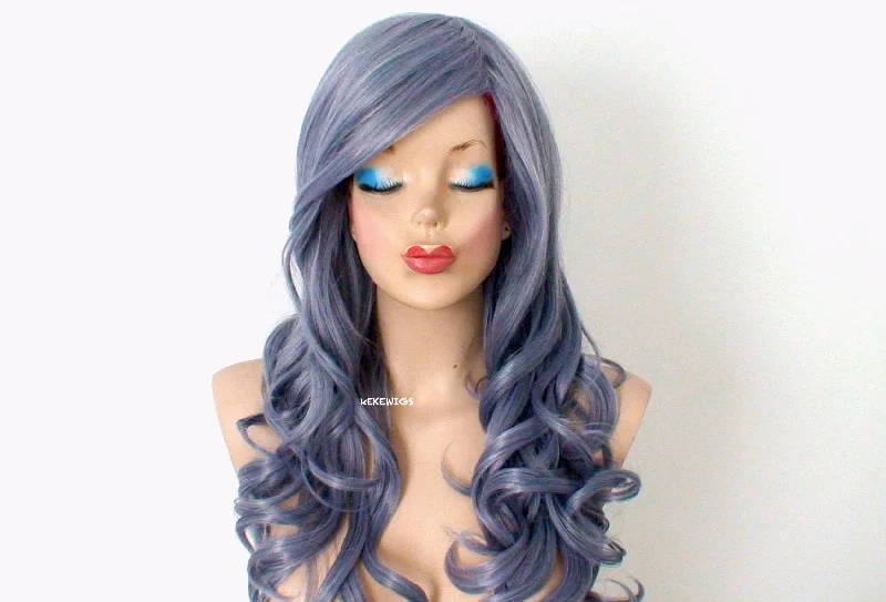 Colored wig with a natural - looking root for a more realistic look26" Blue Gray Long Curly Hair Long Side Bangs Wig.