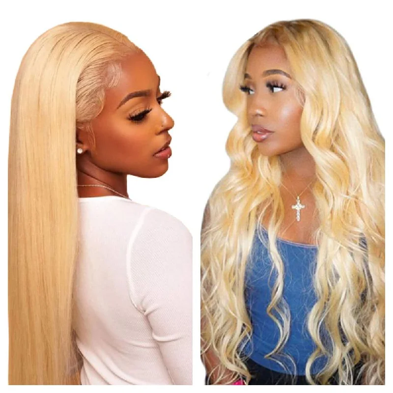 Colored wig with a pre - plucked hairline for a more natural lookBody Wave Straight Blonde Lace Closure Human Hair