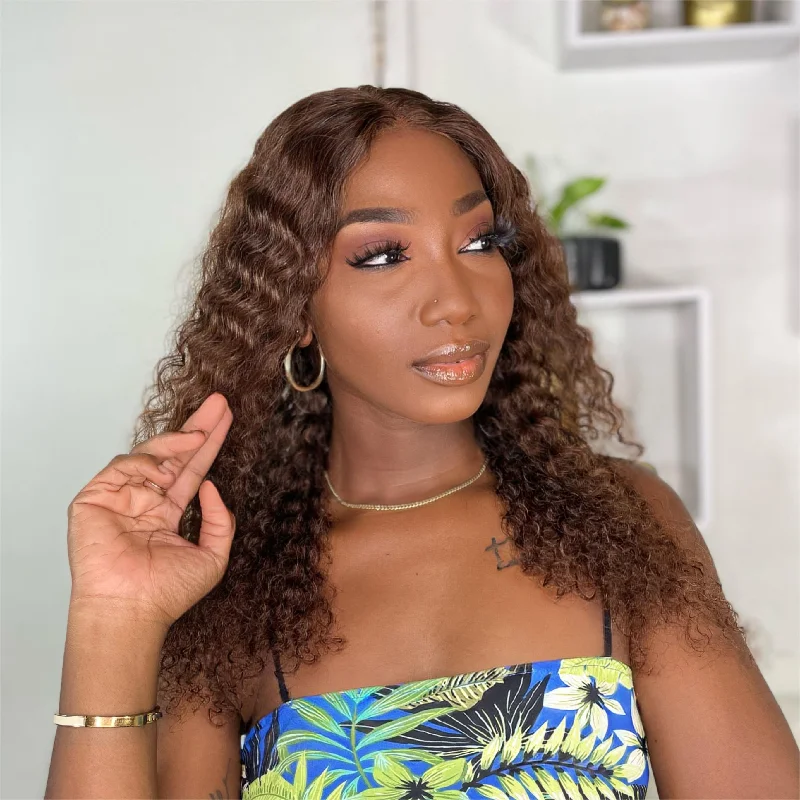 Colored wig with a side - part for a more flattering appearanceChocolate Brown Color Curly Wig 13x4 Transparent Lace Front Wig With Micro Knot Pre Bleached Knots