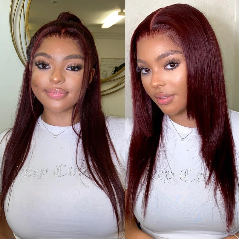 Colored wig in a vibrant pink color for a bold and eye - catching lookBurgundy Color 5x5 Swiss Lace Human Hair Wig Straight Style