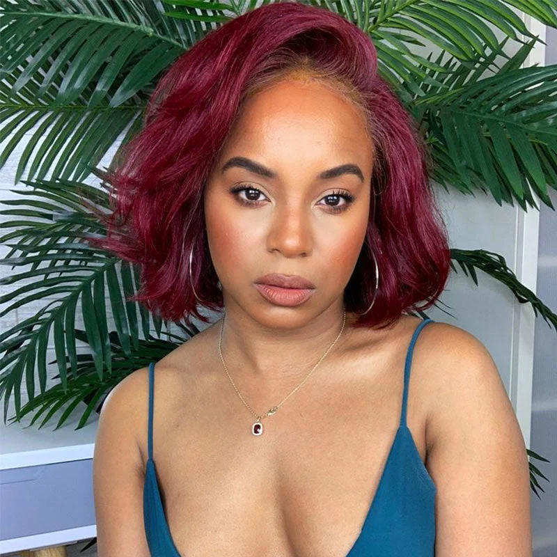 Colored wig with a wavy texture for a beachy and fun lookBurgundy Color Short Body Wave Bob Wigs Glueless HD 4x4 Lace Front Wigs Human Hair For Woman