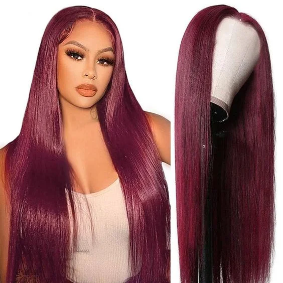 Colored wig with a pre - bleached knot for a natural - looking scalpBurgundy Color Straight Wig 360 HD Transparent Lace Wigs 100% Human Hair For Black Women