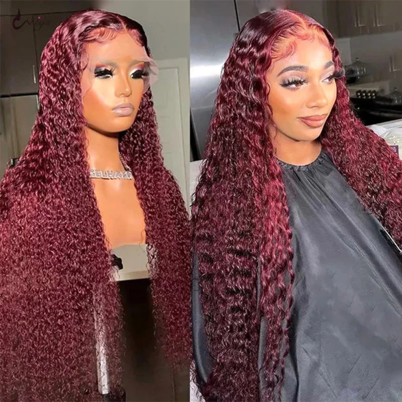 Colored wig with a side - swept bang for a sophisticated lookBurgundy Curly Wigs 150% Density Pre-Cut 4x4/13x4/13x6 HD Transparent Lace Wig