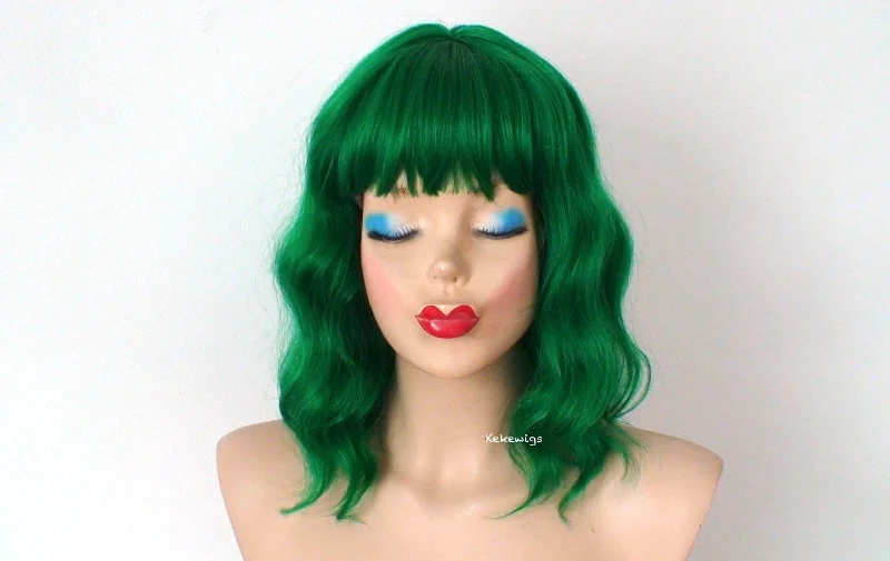 Colored wig with a curly texture for a bold and stylish choice16" Green Short Wavy Hair with bangs Wig