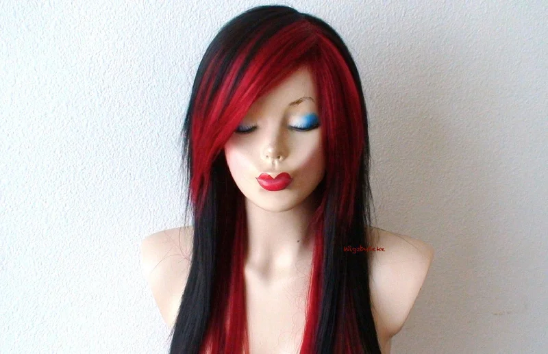 Colored wig with a wispy fringe for a soft and feminine look28" Black Red Ombre Long Straight Hair Long Side Bangs Wig. Emo Wig. Scene Wig.