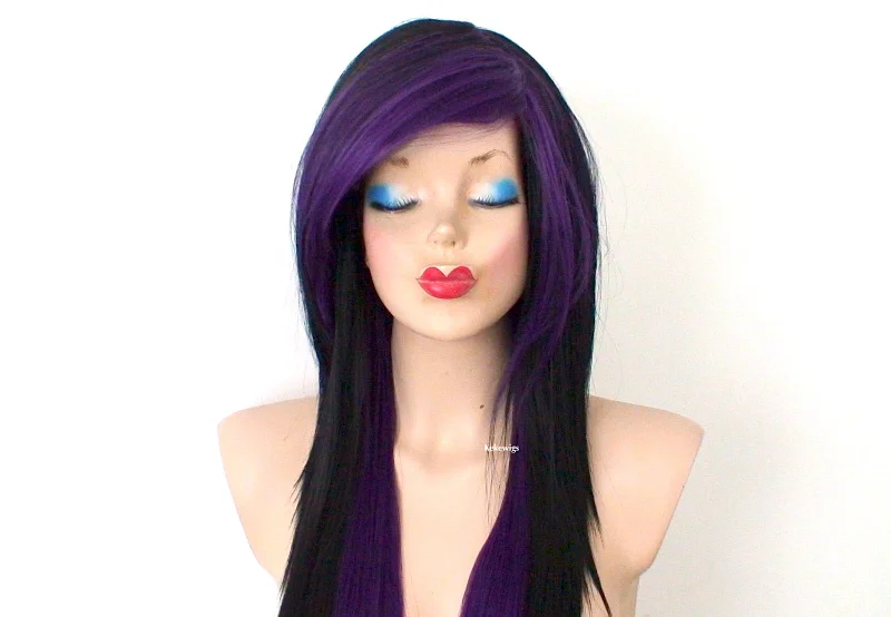 Colored wig with a silver - grey color for a trendy and cool - toned look28" Black Purple Ombre Long Straight Hair Long Side Bangs Wig. Emo Wig. Scene Wig.