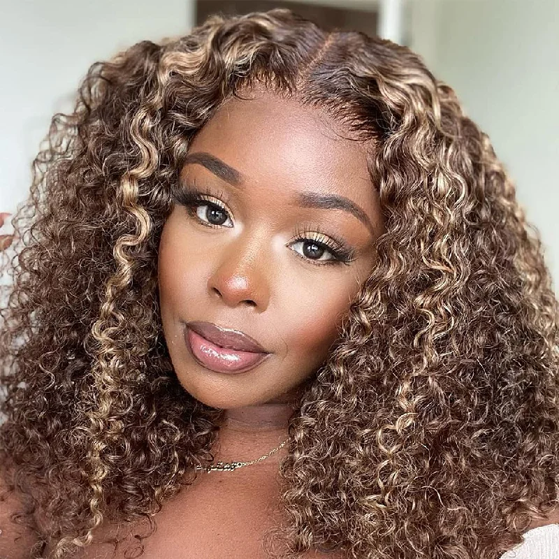 Colored wig with a silk - base cap for a comfortable and smooth feelCurly Bob Wigs Highlight 4/27 Wig Short Bob Hair 13*4 Transparent lace Wig