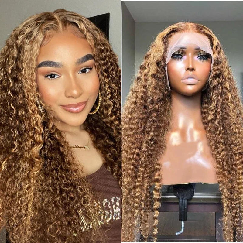 Adjustable - cap colored wig for a comfortable fitCelebrity Style Curly Wigs Top Grade Highlight #4/27 Honey Blonde Transparent HD Lace Wigs