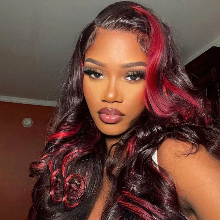 Synthetic colored wig with a heat - resistant formula for easy stylingDark Red Highlights Body Wave Wig 4x4/13x4 Human Hair Lace Front Wigs HD Lace Wigs