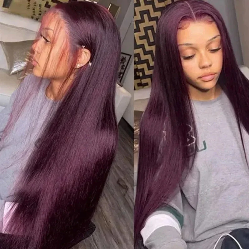 Colored wig with a middle - part for a classic and elegant styleDeep Purple Pure Color New Arrival Straight wig 180% Density 13x4 Transparent Frontal Transparent Lace Wig