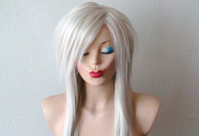 Colored wig with a pre - plucked hairline for a more natural look28" White Gray Long Straight Layered Haie Side Bangs Wig. Emo Wig. Scene Wig.