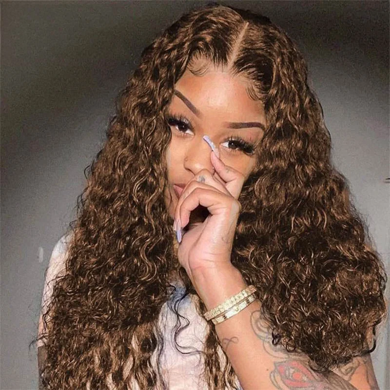 Colored wig with a pre - plucked hairline for a more natural lookFaba 360 Transparent Lace Front Pre-plucked Wigs Chestnut Brown Curly Wigs