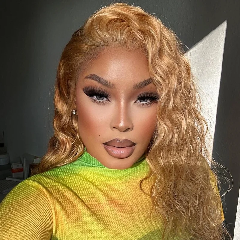 Colored wig with a red - orange hue for a warm and energetic lookFABA 7x5 Transparent Lace Wig #27 Honey Blonde Wig Curly Wig 3D Dome Cap Pre-Bleached Natural Hair