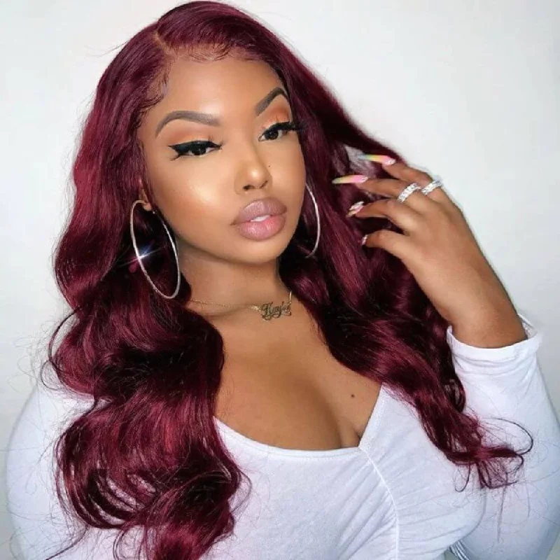 Colored wig with a side - swept bang for a sophisticated look20'' Flash Sale 99J Burgundy Red Straight/Body Wave Wigs 13x4/4x4 HD Lace Front Wig