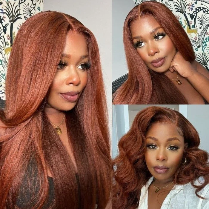 Colored wig with a middle - part for a classic and elegant styleFlash Sale-20Inch Kinky Straight #33 Reddish Brown Color 13x4 Lace Front Wig Glueless Lace wig