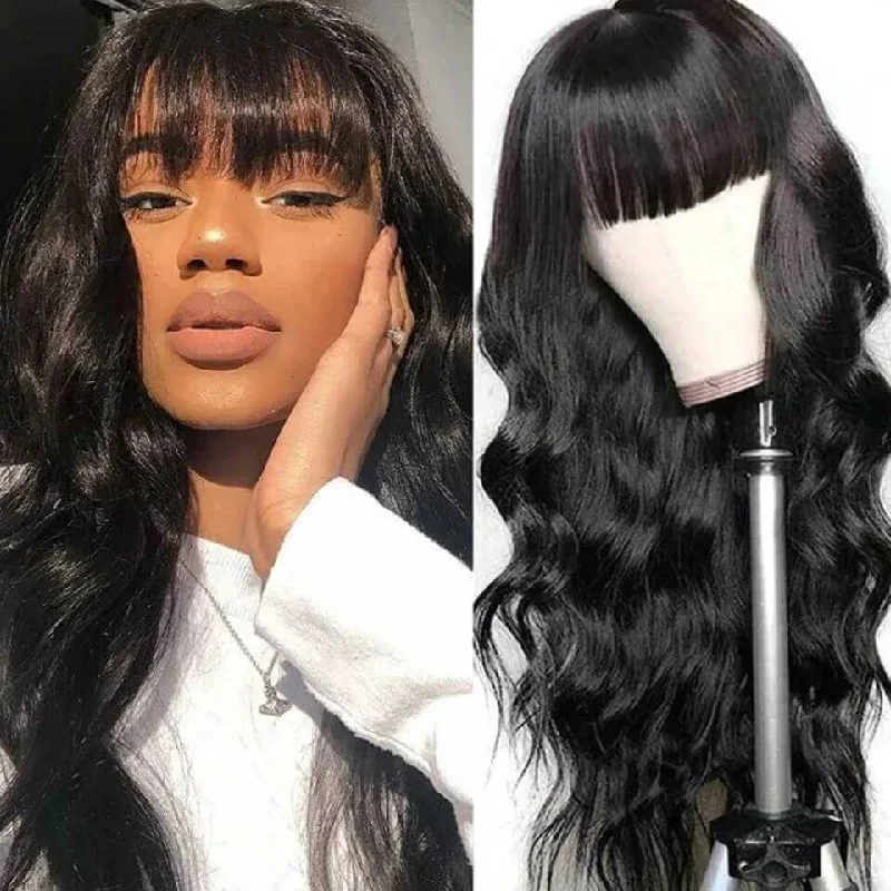 Colored wig with a middle - part for a classic and elegant style99j Burgundy Body Wave Wig With Bangs Full Machine Made Wigs