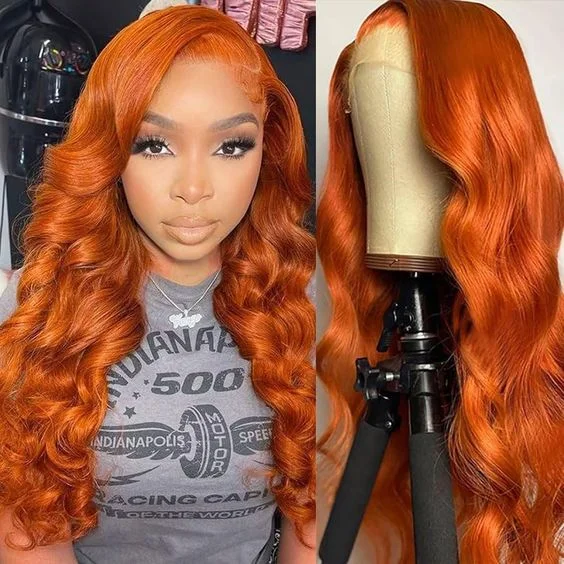 Colored wig with a purple - violet shade for a regal and elegant lookGinger Color Body Wave Wig Transparent Lace Front Wigs 180% Density Human Hair