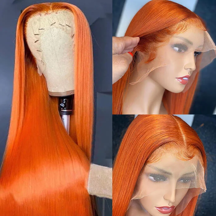 Colored wig with a 150 - density for a full and thick appearanceGinger Color 5x5 Lace Closure Wig Straight HD Lace Human Hair Wig Pre Plucked