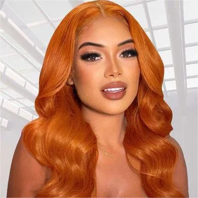 Colored wig with a middle - part for a classic and elegant styleGlueless Wig Ginger Color Wig 13x4 Lace Body Wave Human Hair 180% Density Wig