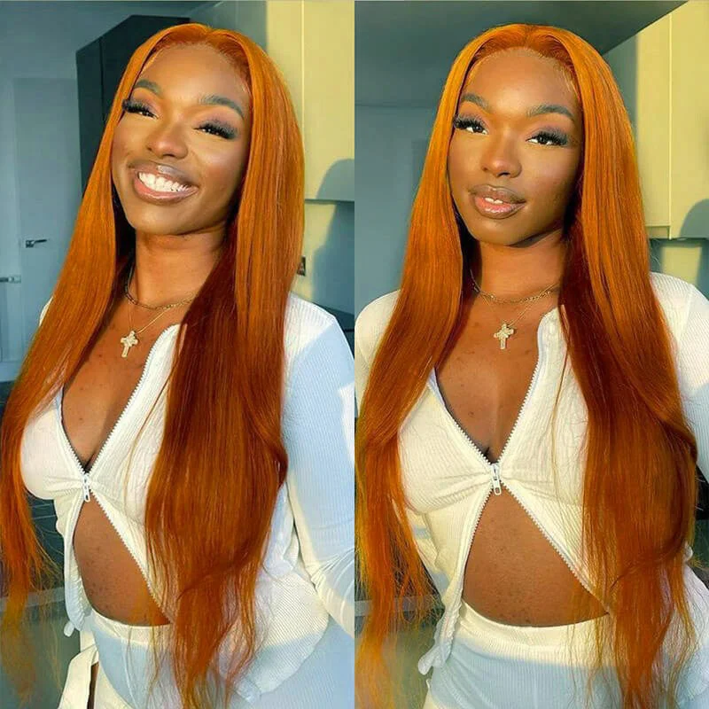 Colored wig with a curly texture for a bold and stylish choiceGinger Orange Color Straight Wig 13x4 Transparent Transparent Lace Front Wigs 180% Density