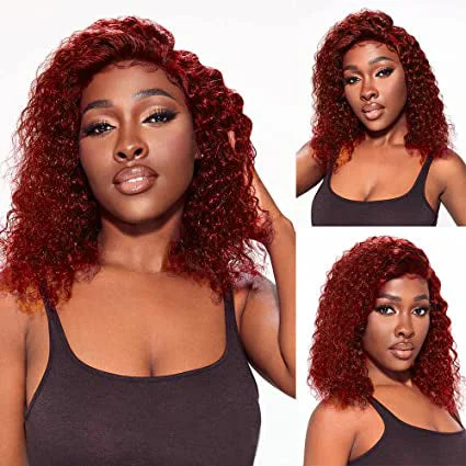 Colored wig with a red - orange hue for a warm and energetic lookBurgundy Short Curly Bob Wigs 4x4/13x4/13x6 Transparent Lace Front Wigs